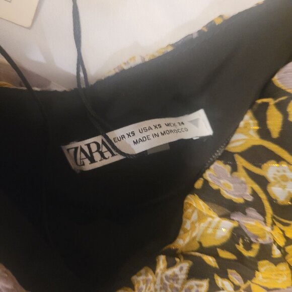Zara Floral Ruched Asymmetric Floral Midi Dress with gold accents in size XS NWT - Picture 3 of 5